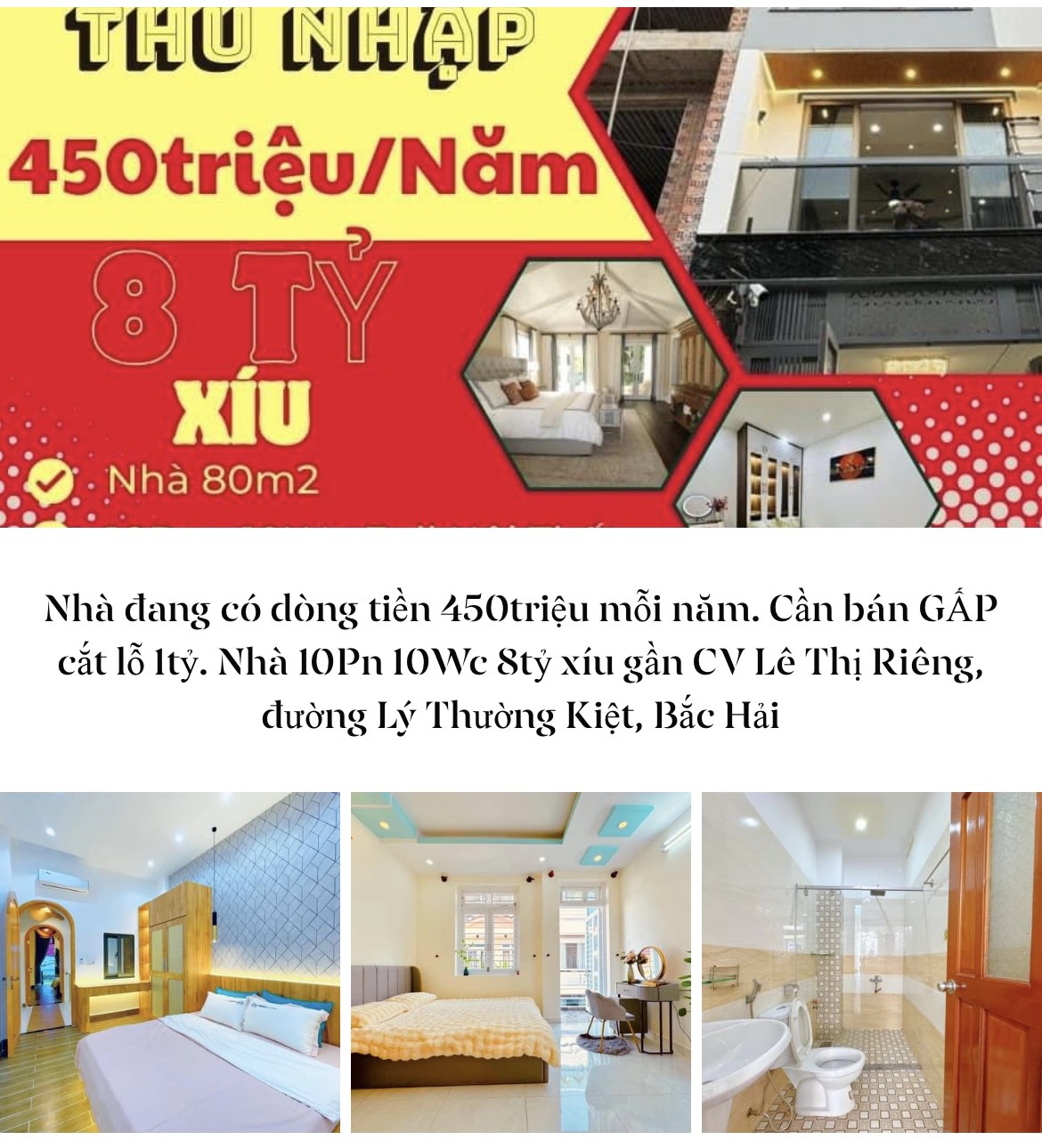 Nhà có HĐ thuê 450triệu mỗi năm.GẤP cắt lỗ 1tỷ.Nhà 10Pn 10Wc 8tỷ xíu gần CV Lê Thị Riêng