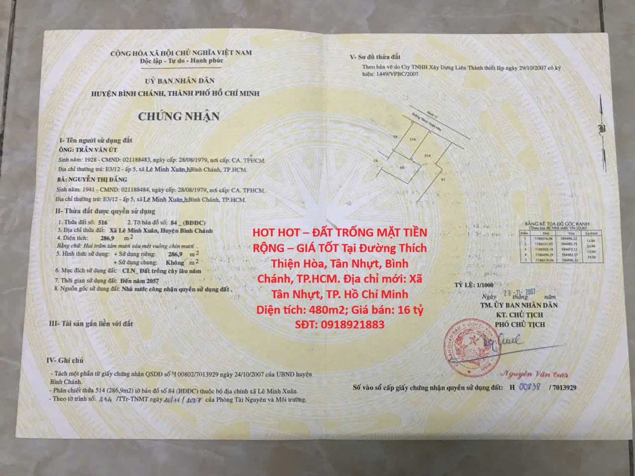 HOT HOT – ĐẤT TRỐNG MẶT TIỀN RỘNG – GIÁ TỐT Tại Đường Thích Thiện Hòa, Tân