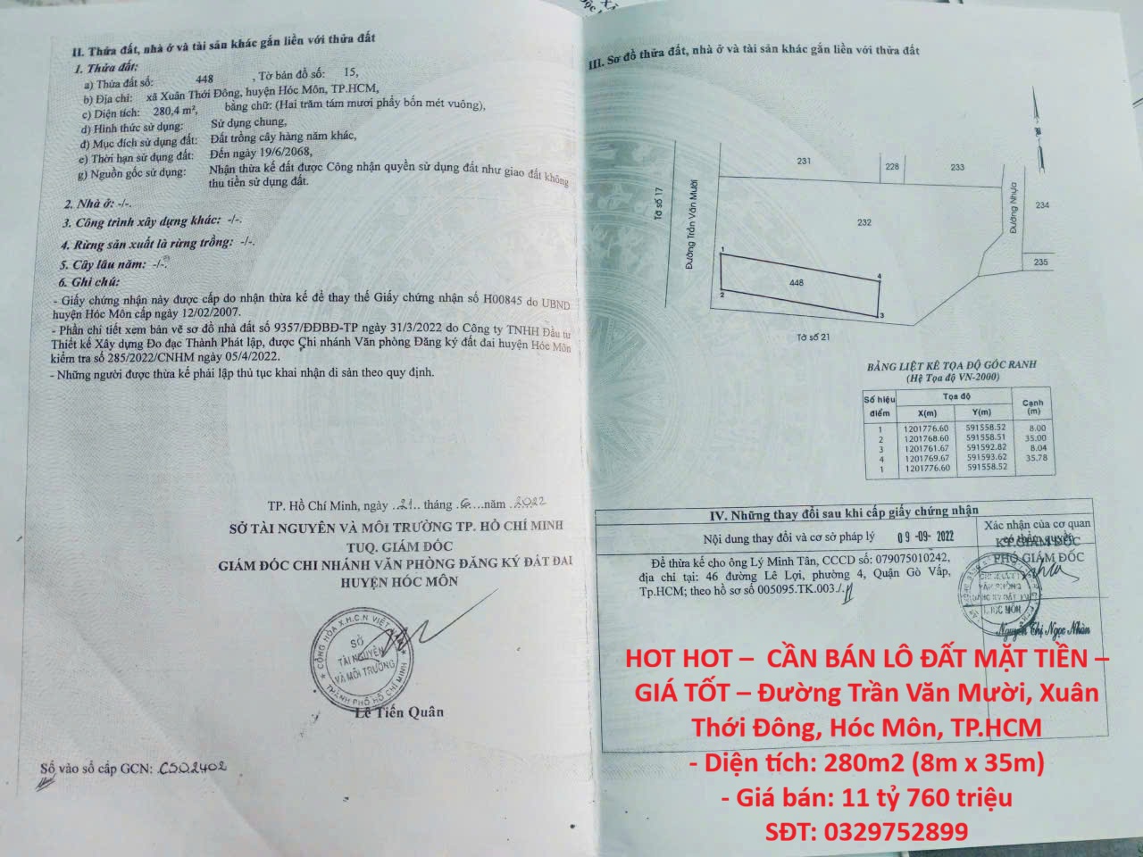 HOT HOT –  CẦN BÁN LÔ ĐẤT MẶT TIỀN – GIÁ TỐT – Đường Trần Văn Mười, Xuân Thới