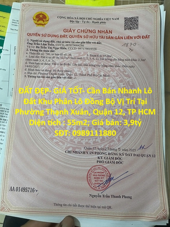 ĐẤT ĐẸP- GIÁ TỐT- Cần Bán Nhanh Lô Đất Khu Phân Lô Đồng Bộ Vị Trí Tại Quận 12,