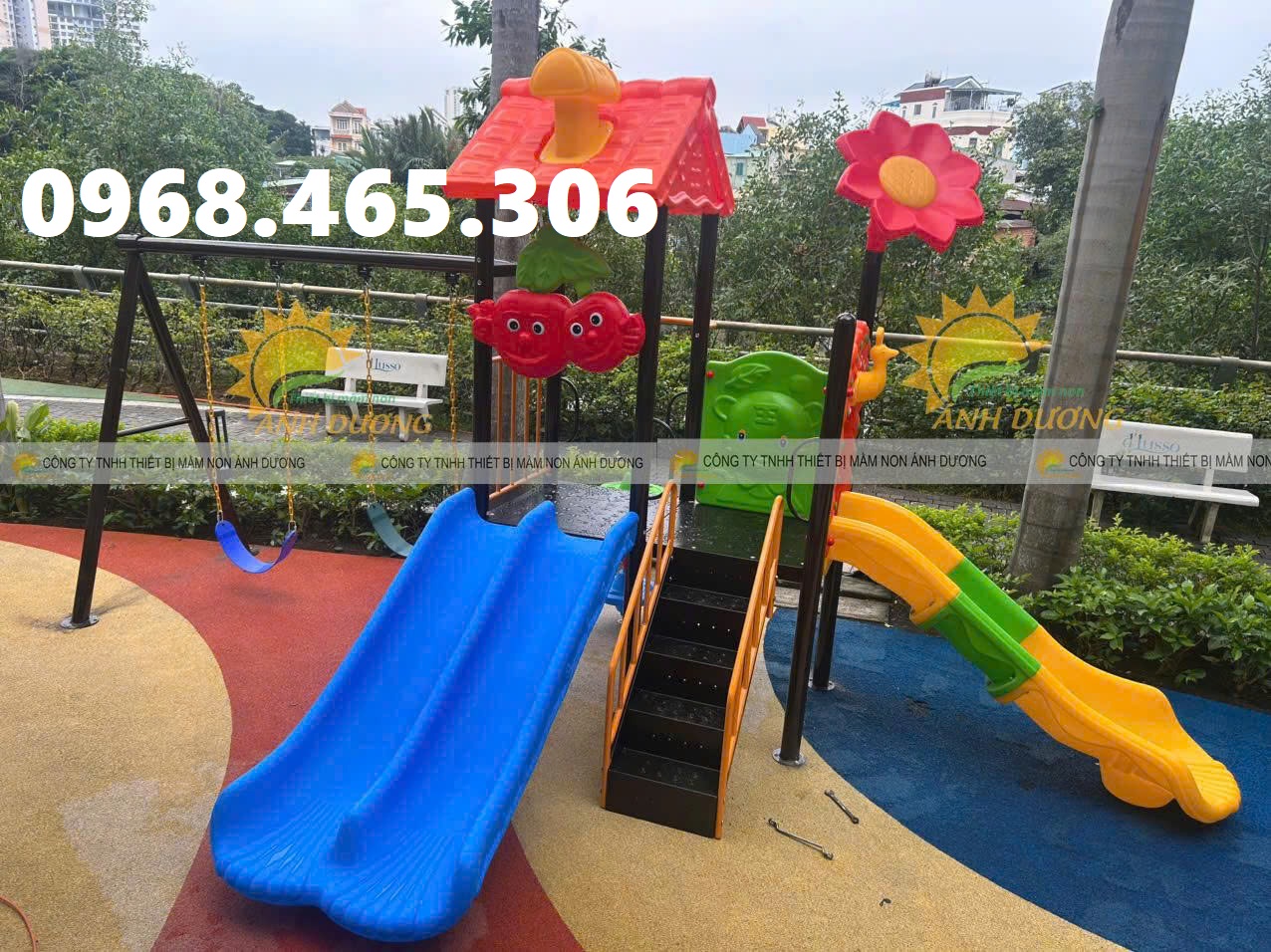 Bộ cầu trượt xích đu trẻ em liên hoàn, cầu trượt khu vui chơi trẻ em