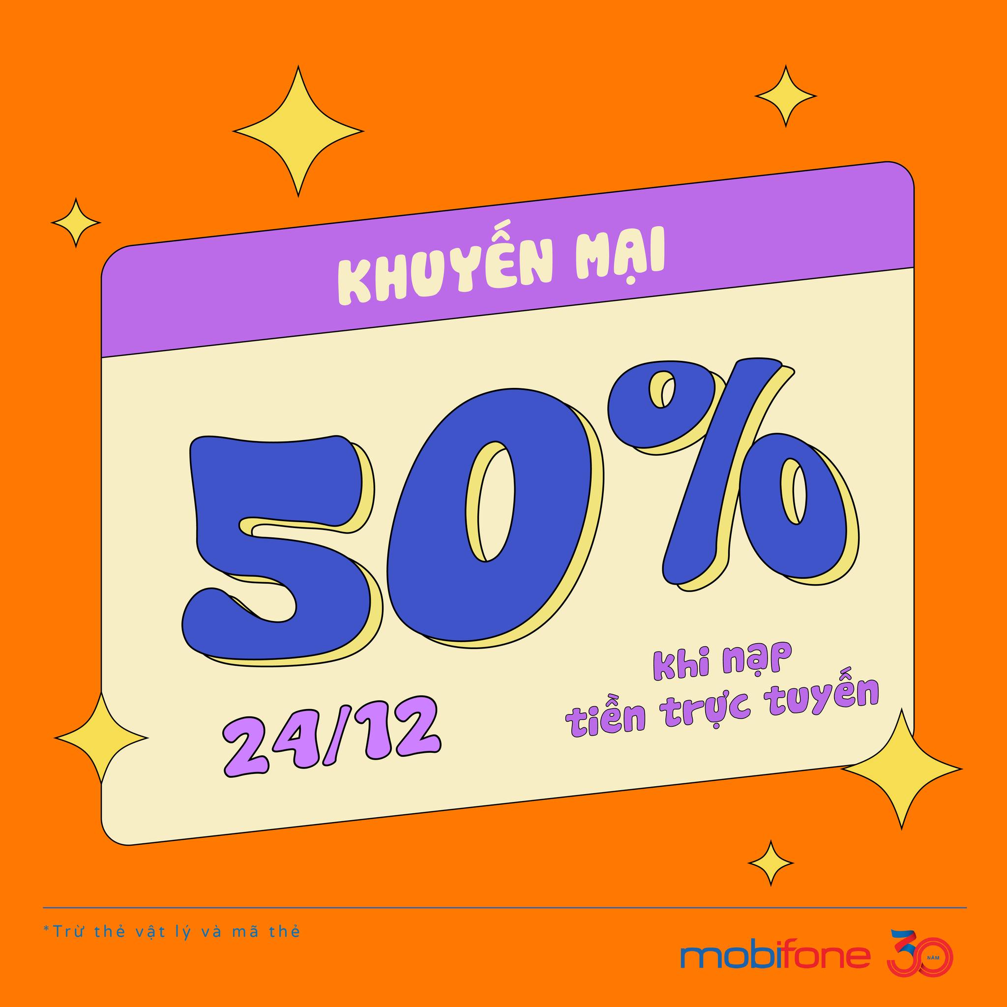 MobiFone khuyến mãi 50% nạp tiền trực tuyến ngày 24/12/2023