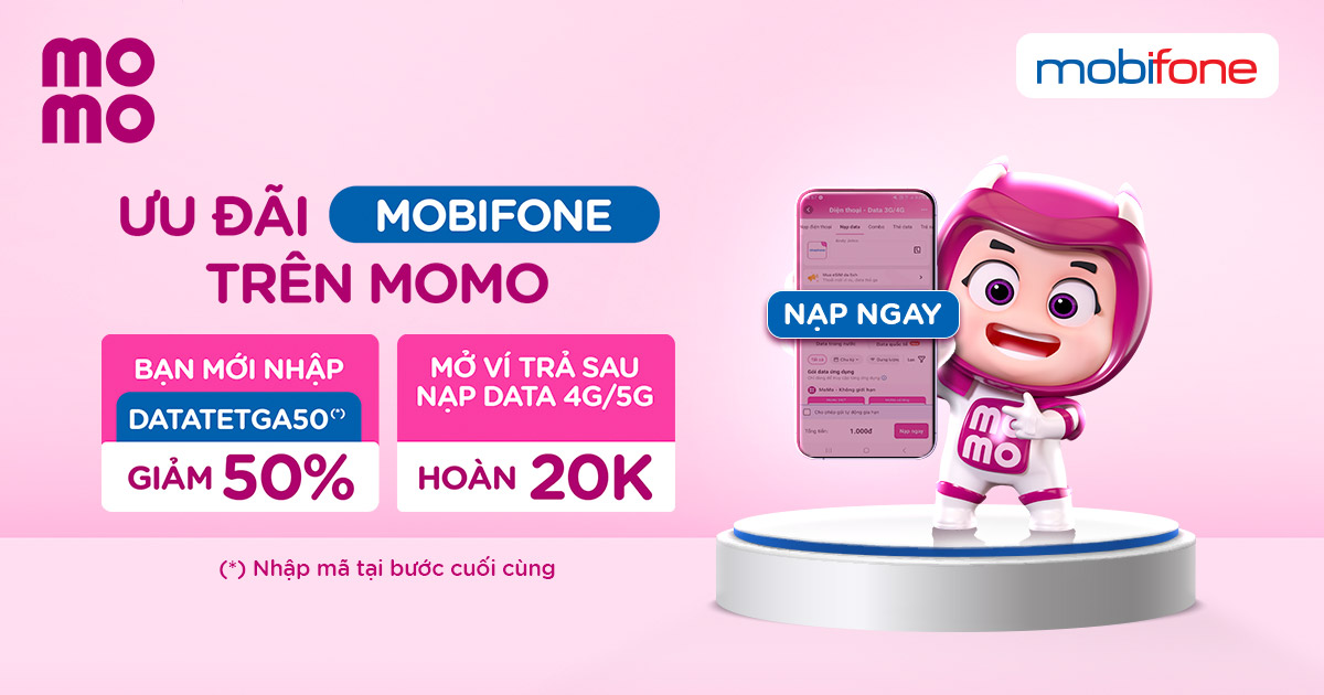 MoMo tặng Bạn ưu đãi lên tới 50% khi Nạp tiền/Mua data điện thoại MobiFone