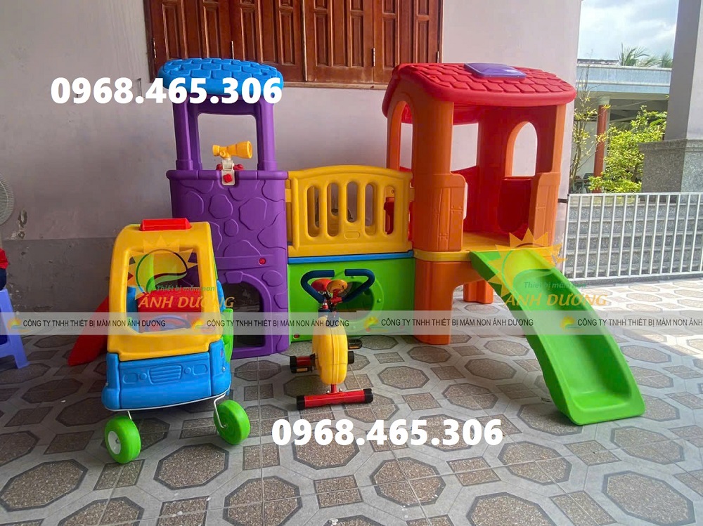 Cầu trượt 2 khối nhà trẻ em, nhà leo cầu trượt cho bé
