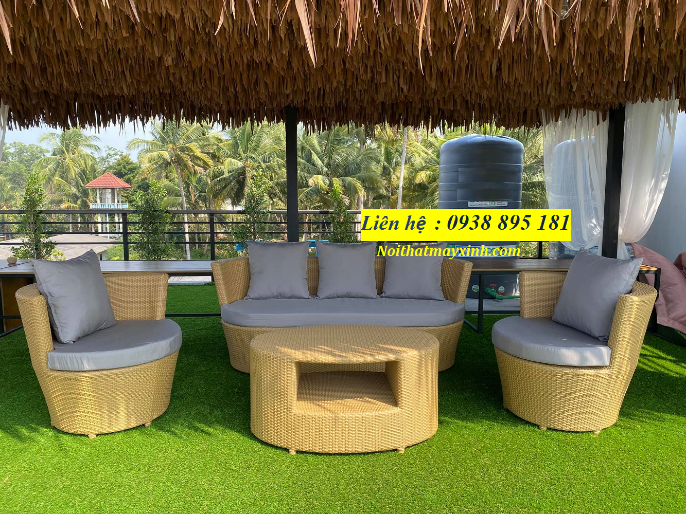 Bàn ghế nhựa giả mây để ngoài trời hồ bơi sân vườn