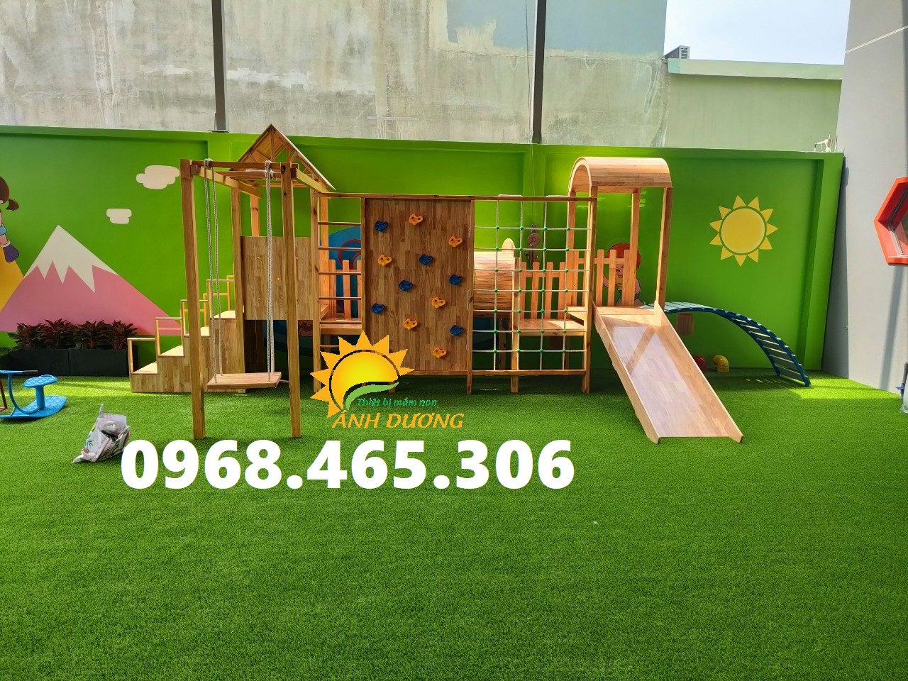 Thang leo gỗ mầm non, thang leo xà đu vận động trẻ em