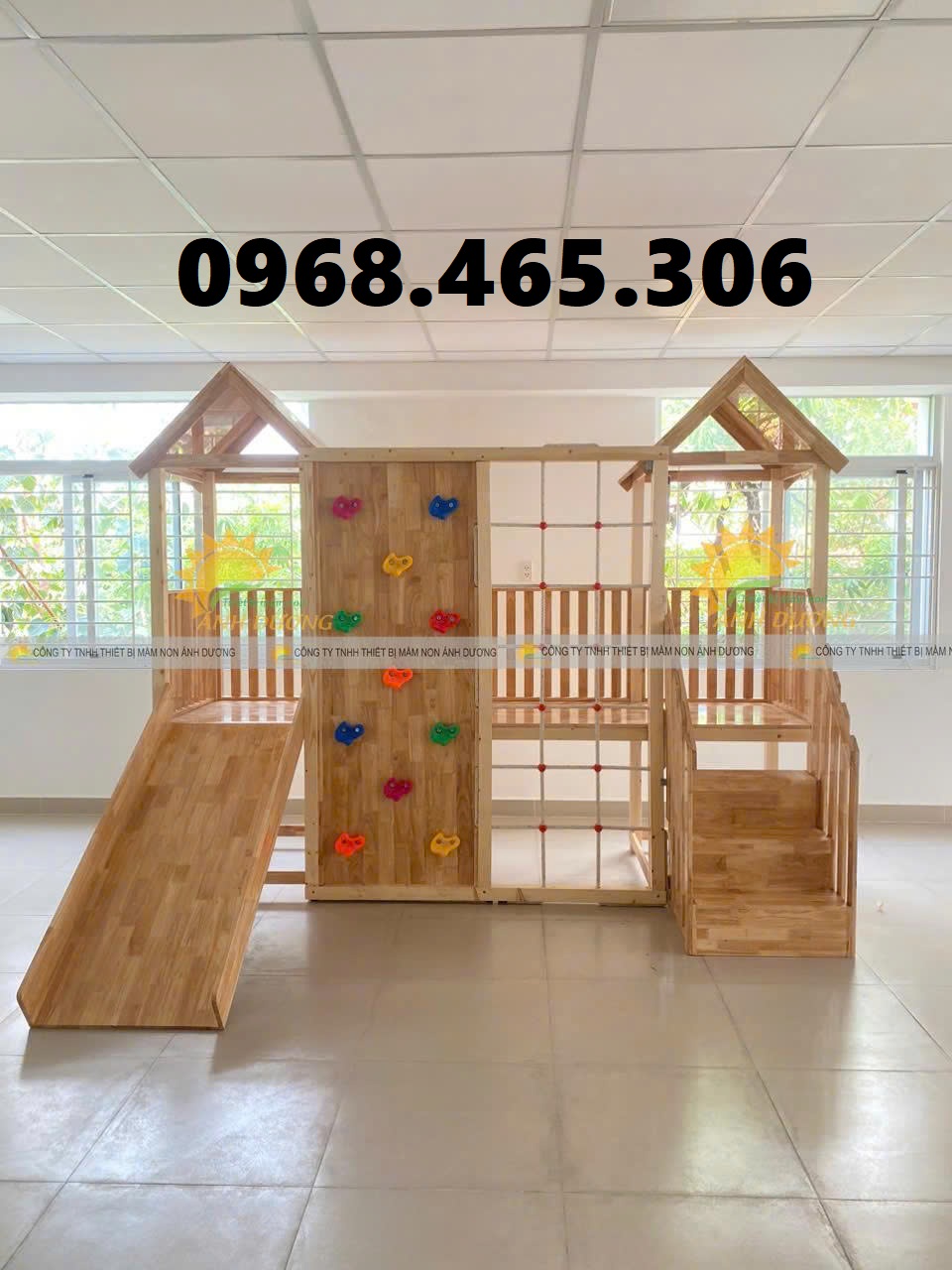 Cầu trượt gỗ liên hoàn trẻ em, thang leo cầu trượt gỗ mầm non