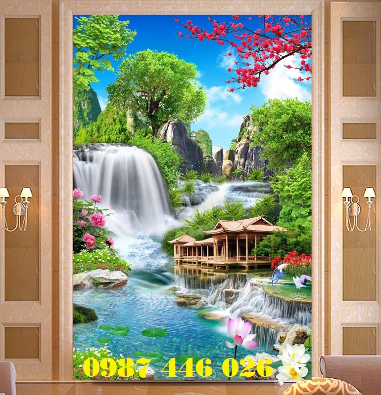 Tranh gạch men thác nước chim cò