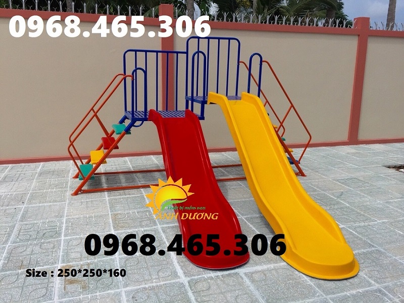 Cầu trượt sắt trẻ em máng nhựa composite, cầu trượt 2 máng trượt chất lượng cao