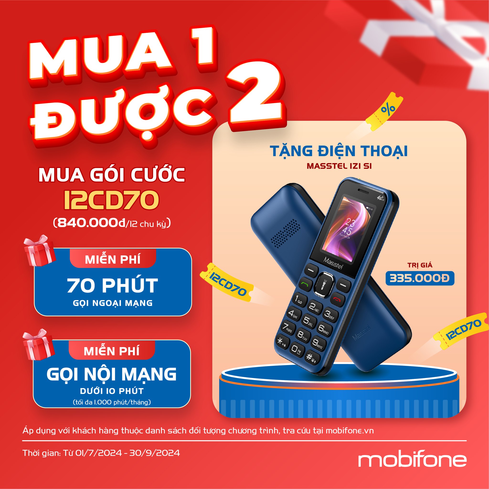 MobiFone tặng 10.000 máy điện thoại 4G cho Khách hàng khi đăng ký gói 12CD70