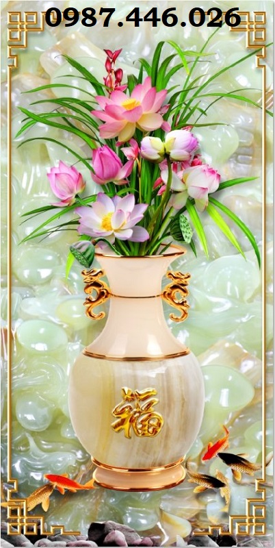 Bộ tranh gạch bình hoa sen ngọc bích