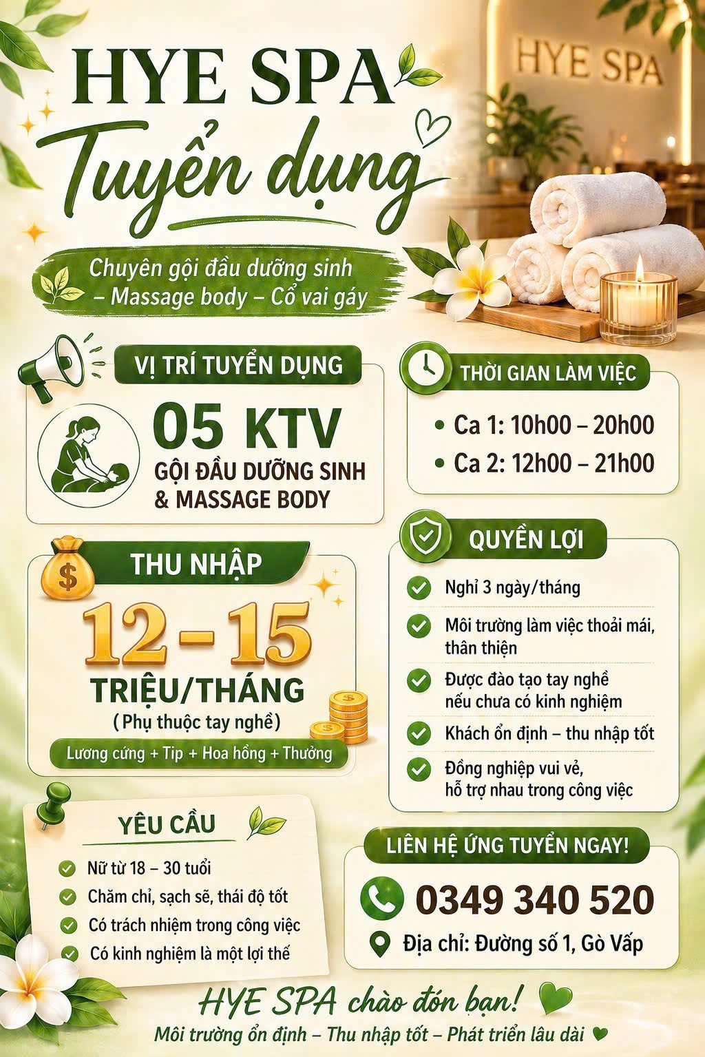 HYE SPA tuyển nv gội dưỡng sinh, massage body cổ vai gáy làm ở GV