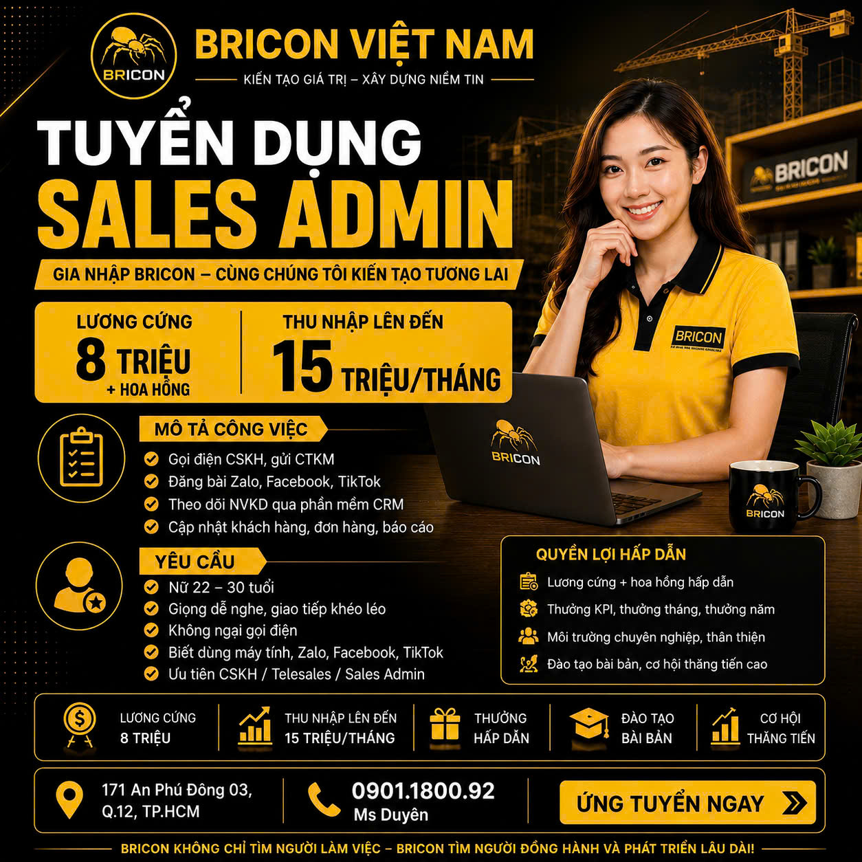 CTY BRICON tuyển NỮ NV Kinh Doanh CSKH làm tại Q12