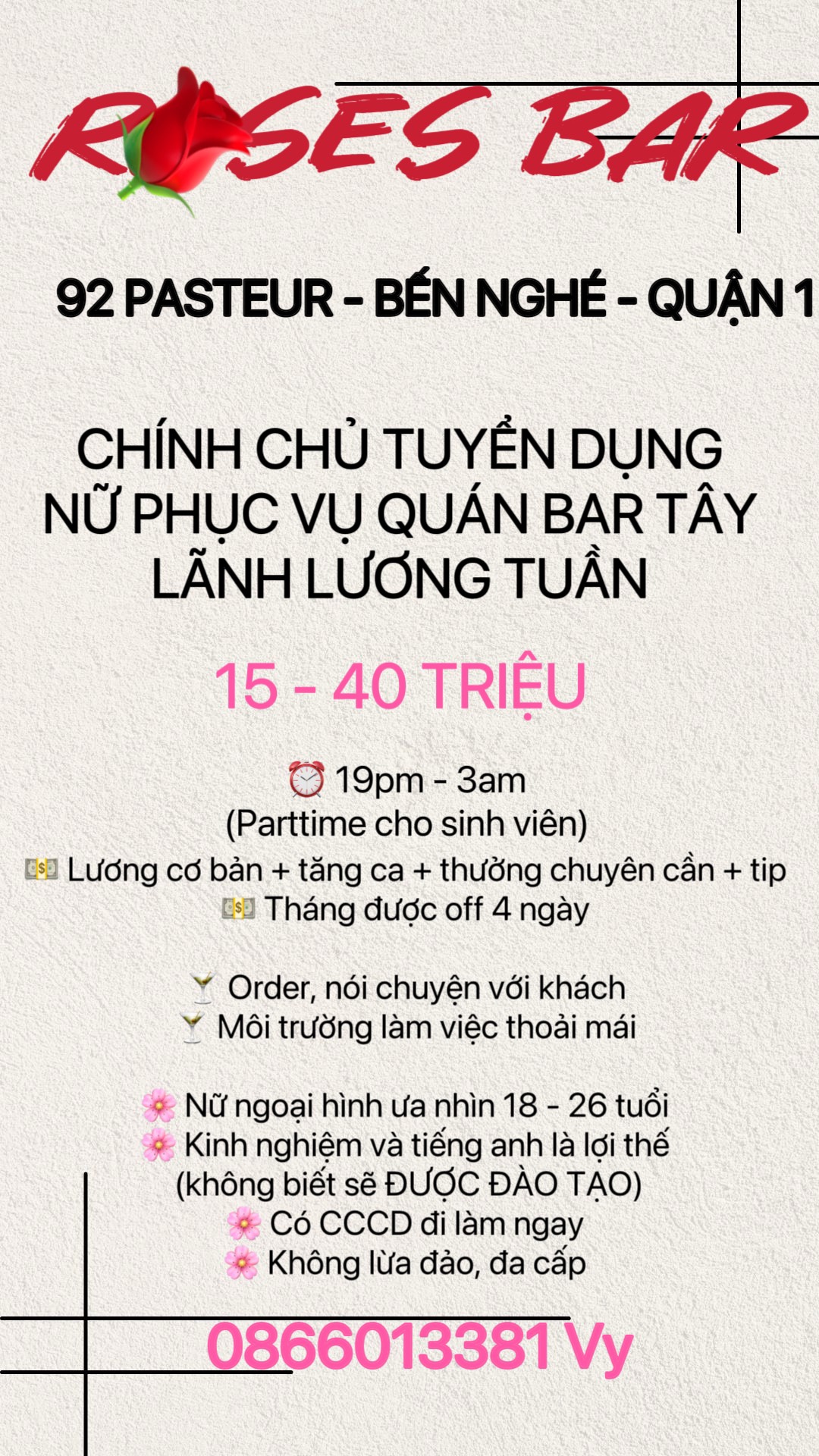 ROSES BAR TÂY Q1 tuyển 10 PHỤC VỤ NỮ làm 19h tối đến 3h sáng