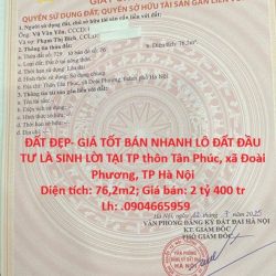 ĐẤT ĐẸP- GIÁ TỐT BÁN NHANH LÔ ĐẤT ĐẦU TƯ LÀ SINH LỜI TẠI TP xã Đoài Phương, TP