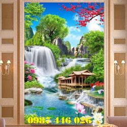 Tranh gạch men thác nước chim cò