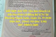 ĐẤT ĐẸP- GIÁ TỐT- Cần Bán Nhanh Lô Đất Khu Phân Lô Đồng Bộ Vị Trí Tại Quận 12,