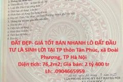 ĐẤT ĐẸP- GIÁ TỐT BÁN NHANH LÔ ĐẤT ĐẦU TƯ LÀ SINH LỜI TẠI TP xã Đoài Phương, TP