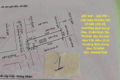 ĐẤT ĐẸP – GIÁ TỐT – CẦN BÁN NHANH CÁC LÔ ĐẤT LIỀN KỀ, PHƯỜNG Bình Hưng Hòa,