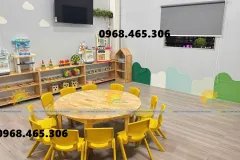 Bàn gỗ mầm non, bàn mặt gỗ gập chân mầm non, ghế gỗ mầm non